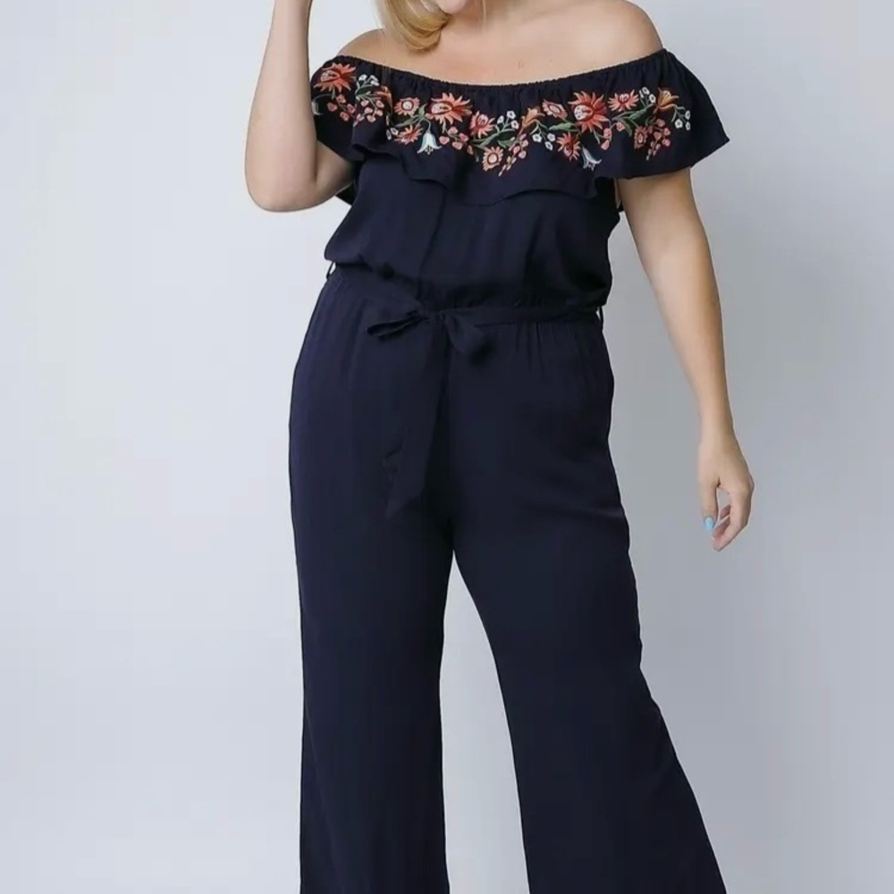 DAVI & DANI Off-Shoulder Floral Jumpsuit Navy Plus Embroidered 1X 2X 3X NWT boho